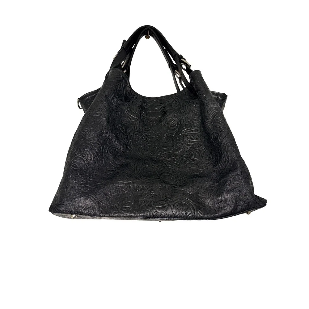 Isadora Italy Black Embossed Floral Leather Hobo Bag Slouchy Shoulder Tote Large